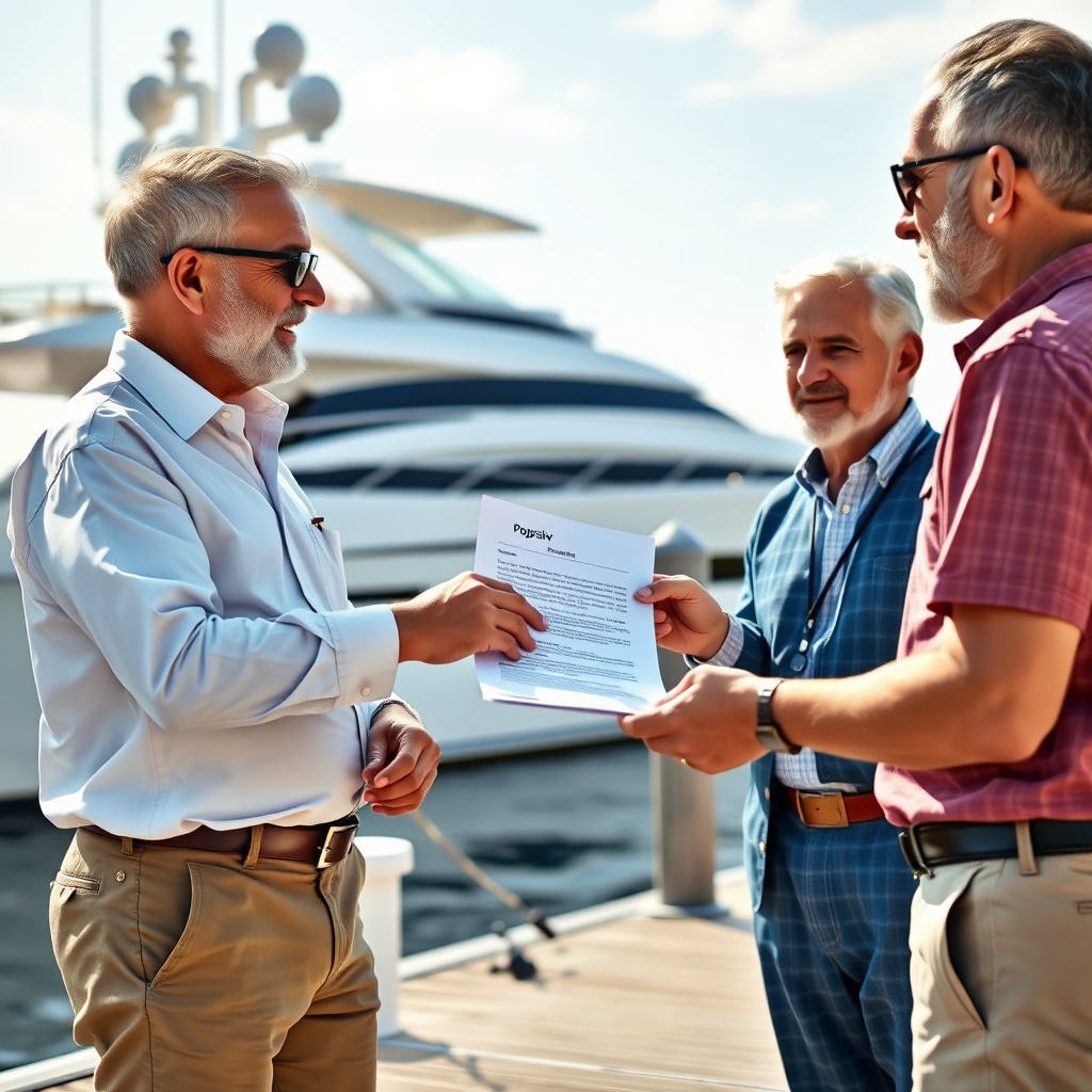 A photorealistic image of two boat owners chatting dockside with a Progressiv e representa