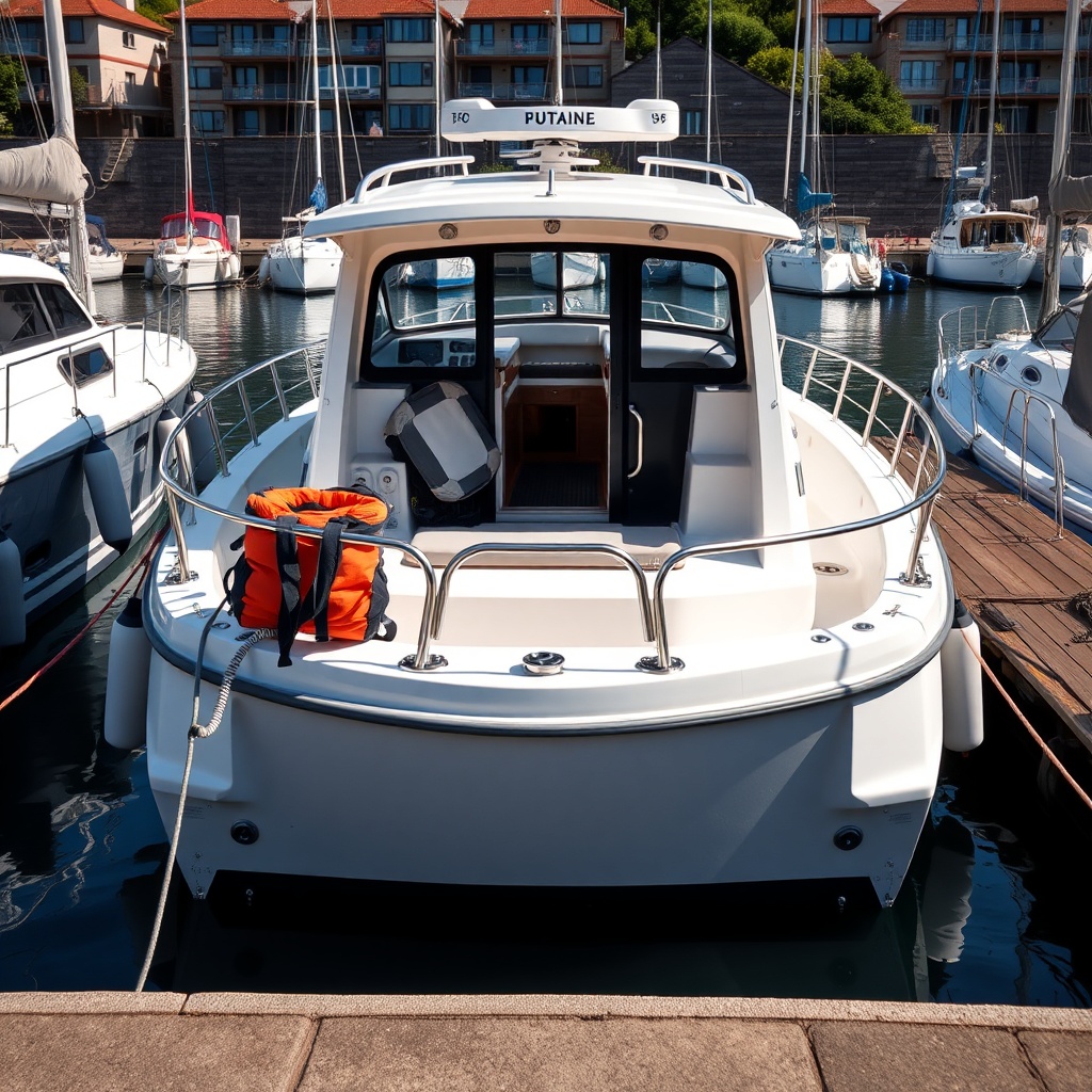 A clean photorealistic photo of a mid-sized motorboat moored at a sunny UK marina