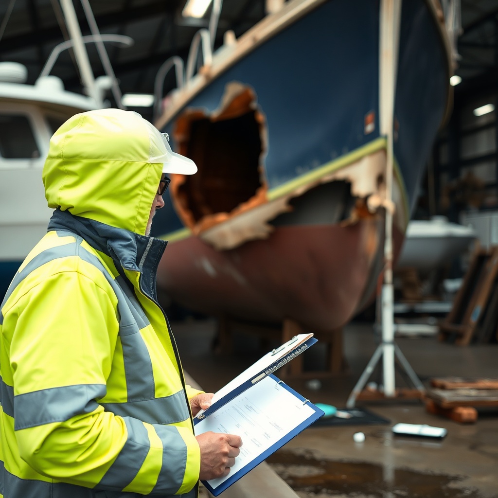 A clean photorealistic photo of a boat insurance claims adjuster inspecting a damaged hull