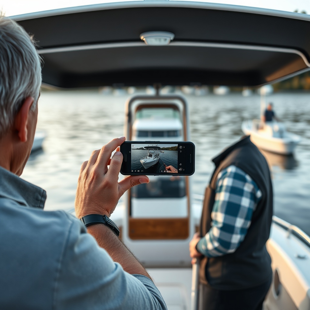 A photorealistic image of a boat owner taking photos of a small hull scratch with a smartp