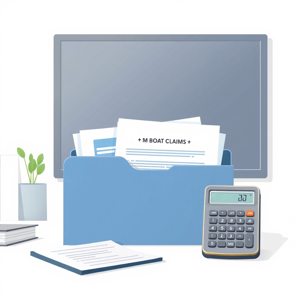 A clean photorealistic illustration of a boat insurance claims file folder with documents