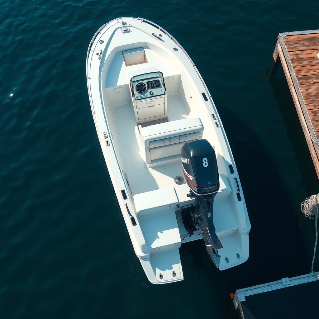 A photorealistic overhead photo of a modern fiberglass sport boat moored at a dockside wit