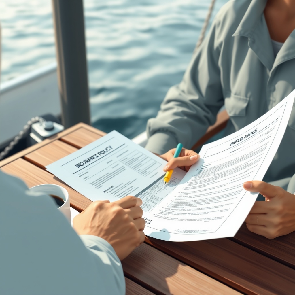 A clean photorealistic illustration showing a boat owner reviewing a printed insurance pol