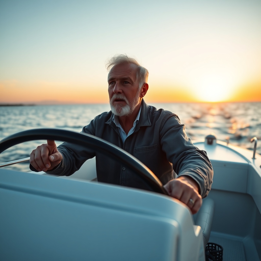 A photorealistic image of an older man (50s) looking confidently forward while steering a